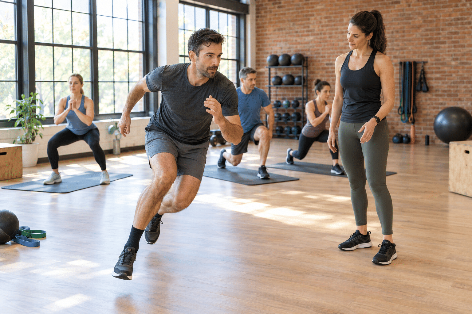 Dynamic Group Workout in a Sunlit Studio